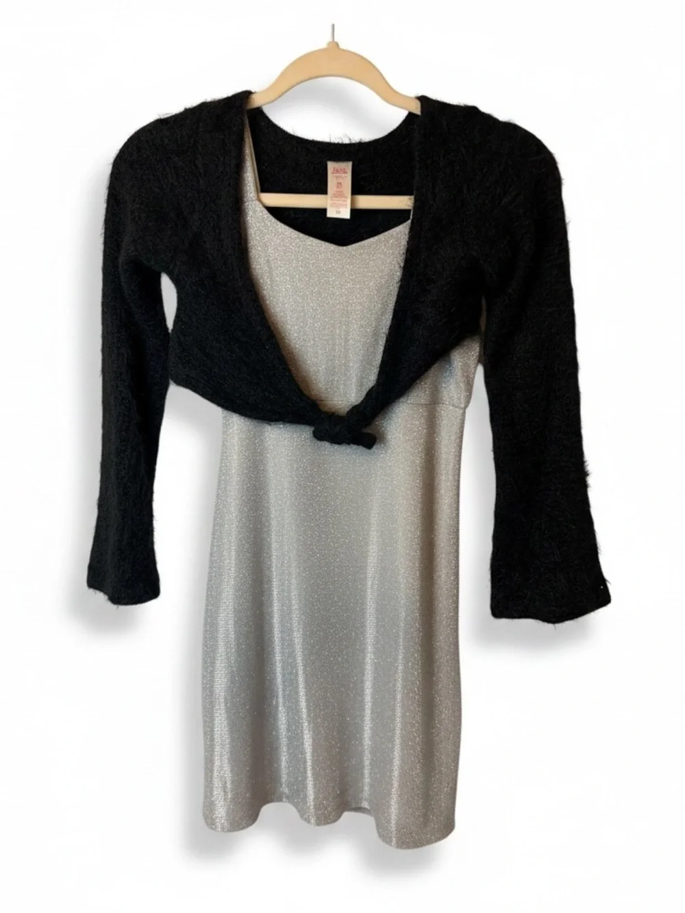 Justice Silver Shimmer Slip Dress with Black Cropped Cardigan